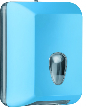 a blue dispenser for a bright and stylish washroom